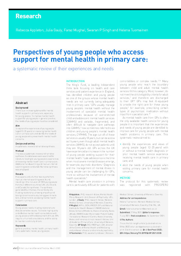 Perspectives of young people who access support for mental health in primary care: a systematic review of their experiences and needs. Thumbnail