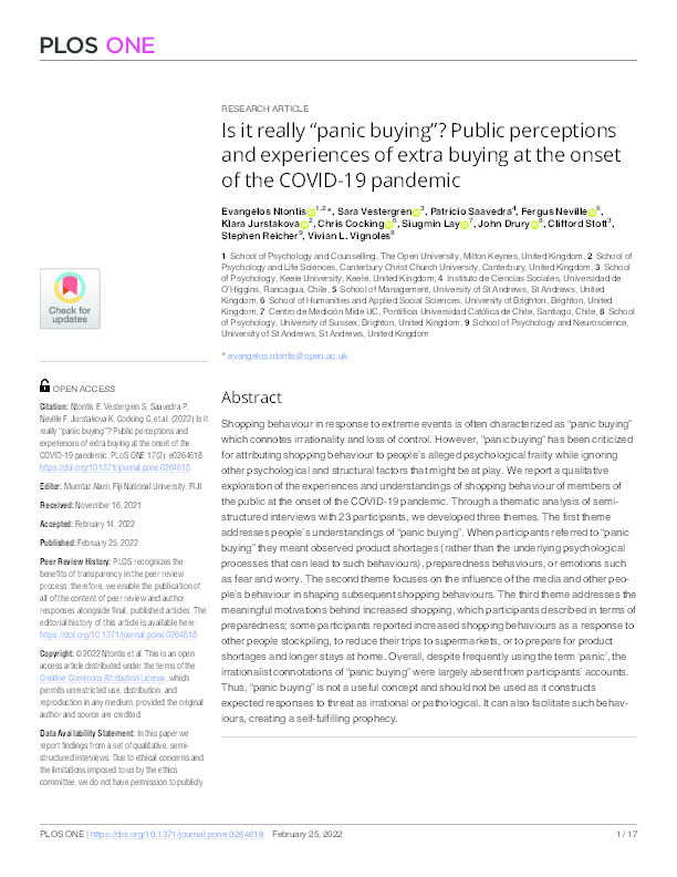 Is it really “panic buying”? Public perceptions and experiences of extra buying at the onset of the COVID-19 pandemic Thumbnail