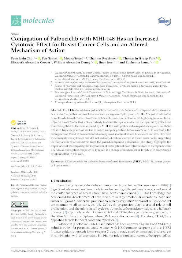 Conjugation of Palbociclib with MHI-148 Has an Increased Cytotoxic Effect for Breast Cancer Cells and an Altered Mechanism of Action. Thumbnail