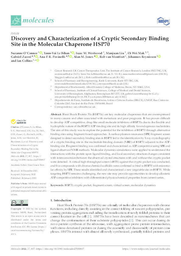 Discovery and Characterization of a Cryptic Secondary Binding Site in the Molecular Chaperone HSP70. Thumbnail
