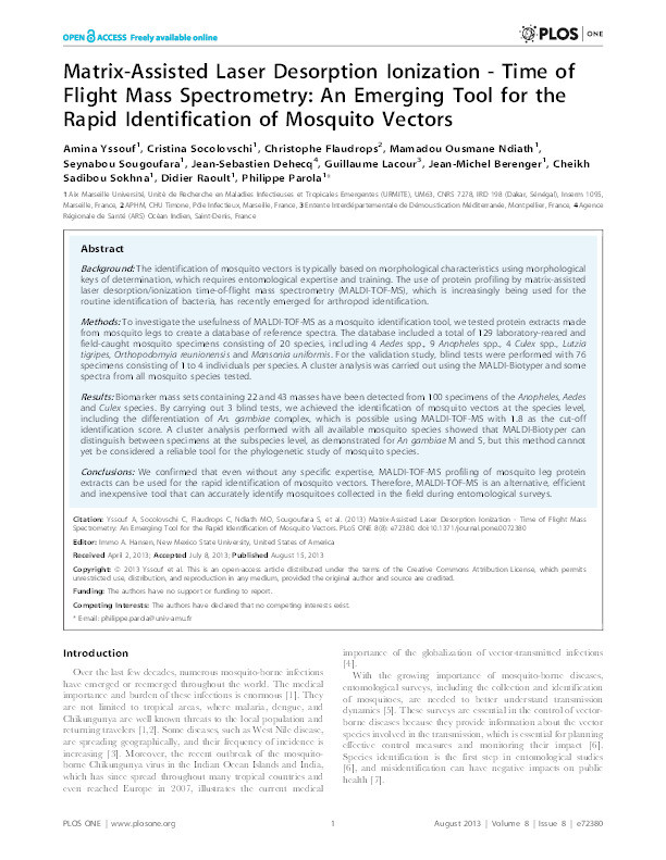 Matrix-assisted laser desorption ionization--time of flight mass spectrometry: an emerging tool for the rapid identification of mosquito vectors. Thumbnail