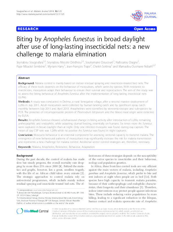 Biting by Anopheles funestus in broad daylight after use of long-lasting insecticidal nets: a new challenge to malaria elimination. Thumbnail