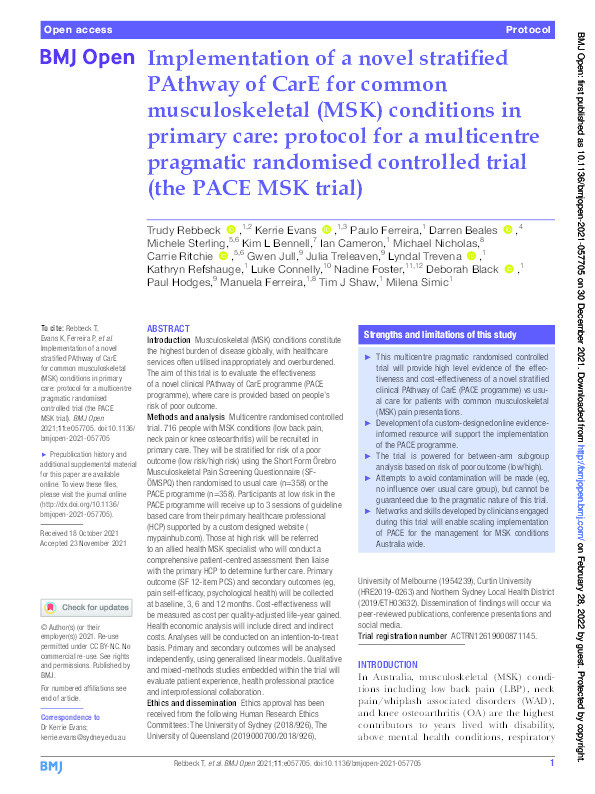 Implementation of a novel stratified PAthway of CarE for common musculoskeletal (MSK) conditions in primary care: protocol for a multicentre pragmatic randomised controlled trial (the PACE MSK trial) Thumbnail