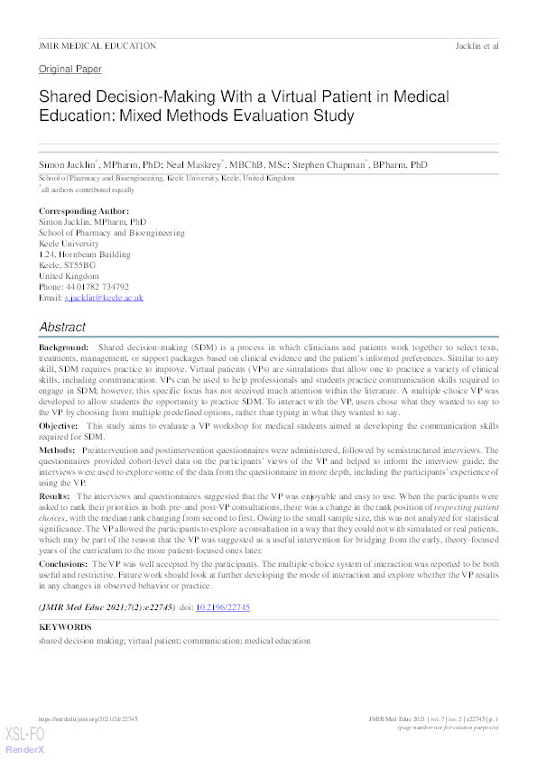 Shared Decision-Making With a Virtual Patient in Medical Education: Mixed Methods Evaluation Study. Thumbnail