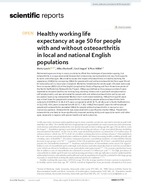Healthy working life expectancy at age 50 for people with and without osteoarthritis in local and national English populations. Thumbnail