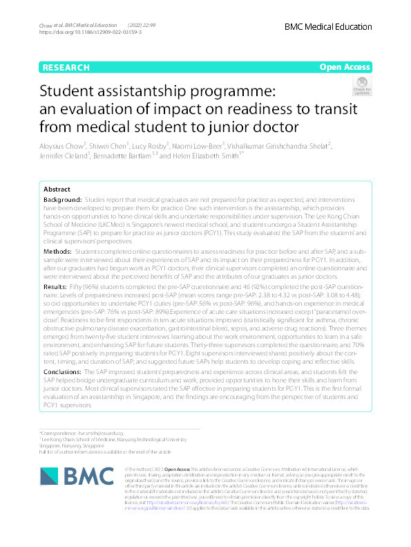 Student assistantship programme: an evaluation of impact on readiness to transit from medical student to junior doctor. Thumbnail