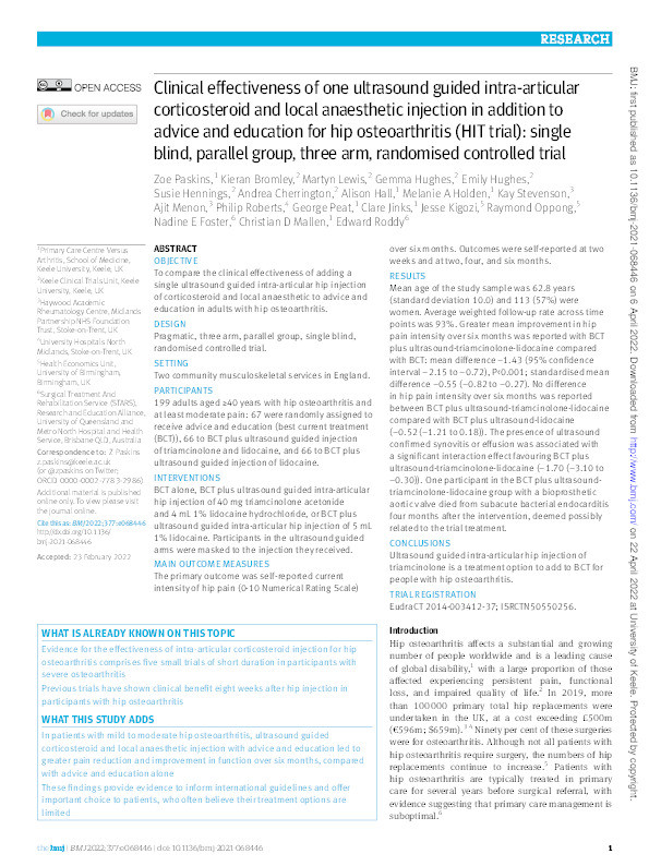 Clinical effectiveness of one ultrasound guided intra-articular corticosteroid and local anaesthetic injection in addition to advice and education for hip osteoarthritis (HIT trial): single blind, parallel group, three arm, randomised controlled trial Thumbnail