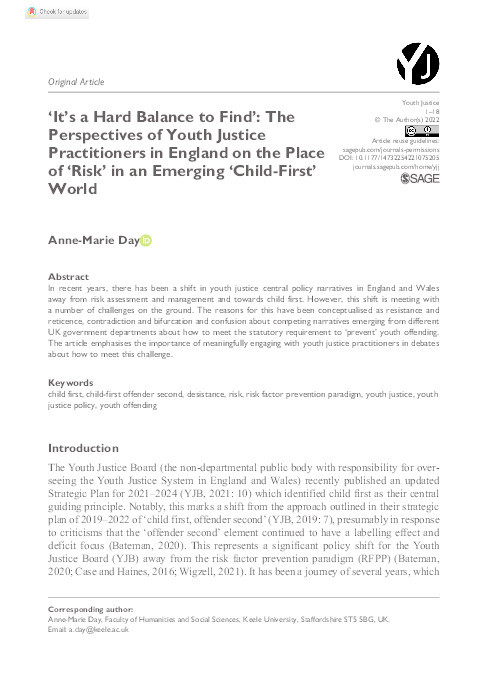 ‘It’s a Hard Balance to Find’: The Perspectives of Youth Justice Practitioners in England on the Place of ‘Risk’ in an Emerging ‘Child-First’ World Thumbnail