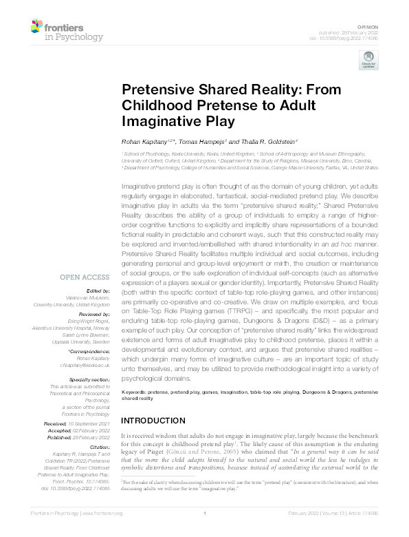 Pretensive Shared Reality: From Childhood Pretense to Adult Imaginative Play Thumbnail