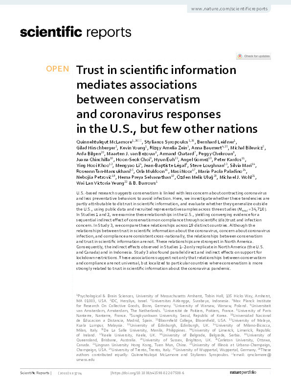 How (Dis)trust in Scientific Information Links Political Ideology and Reactions Toward the Coronavirus Pandemic: Associations in the U.S. and Globally Thumbnail