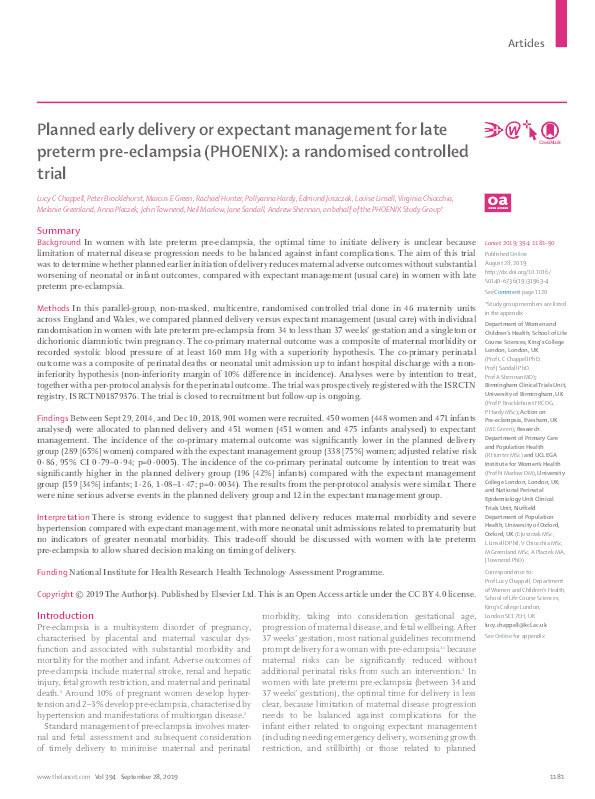 Planned early delivery or expectant management for late preterm pre-eclampsia (PHOENIX): a randomised controlled trial Thumbnail