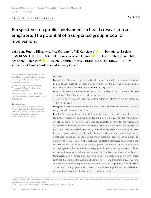 Perspectives on public involvement in health research from Singapore: The potential of a supported group model of involvement. Thumbnail