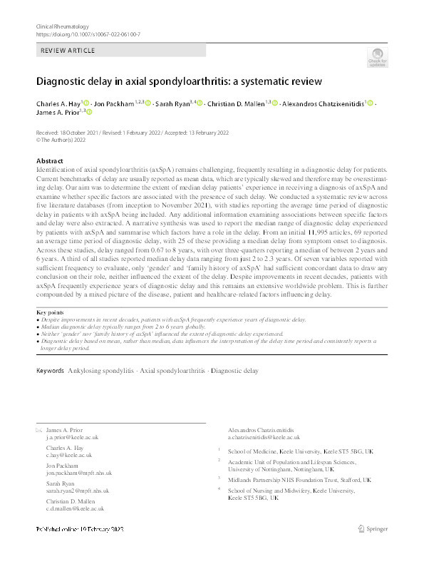 Diagnostic delay in axial spondyloarthritis: a systematic review Thumbnail