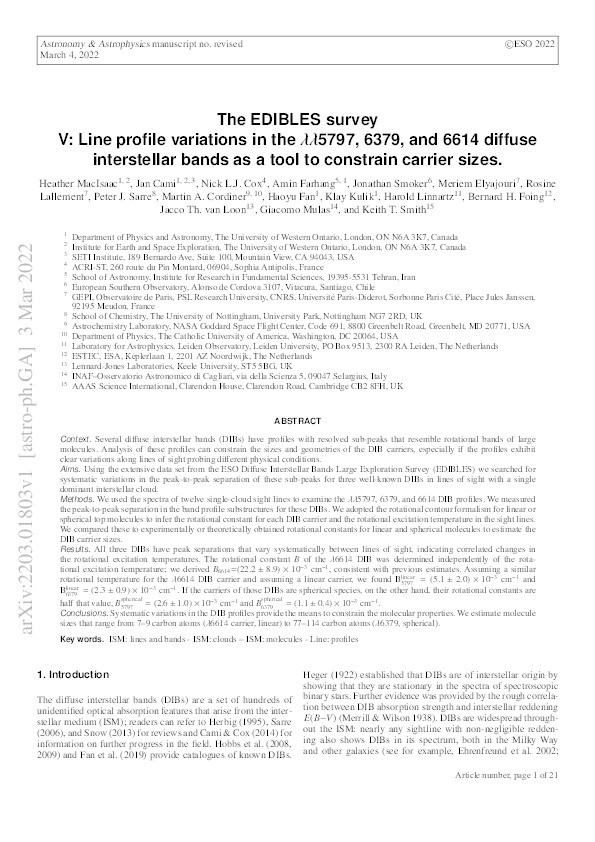 The EDIBLES survey V: Line profile variations in the λλ5797, 6379, and 6614 diffuse interstellar bands as a tool to constrain carrier sizes Thumbnail