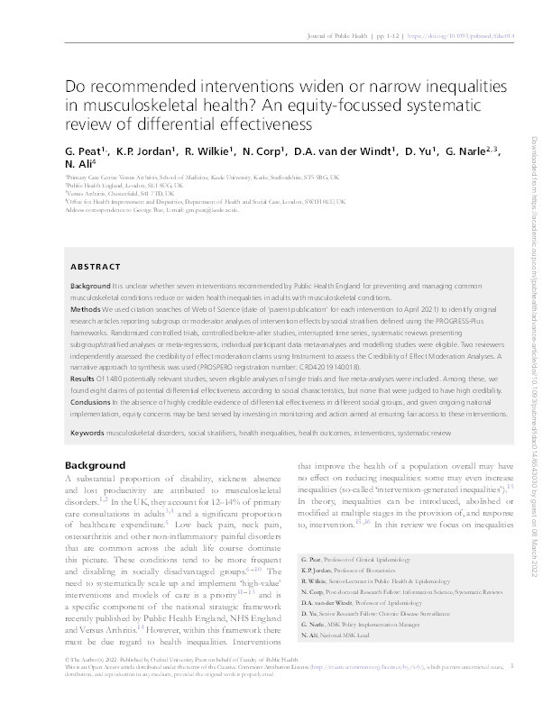 Do recommended interventions widen or narrow inequalities in musculoskeletal health? An equity-focussed systematic review of differential effectiveness Thumbnail