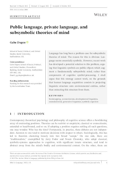 Public language, private language, and subsymbolic theories of mind Thumbnail