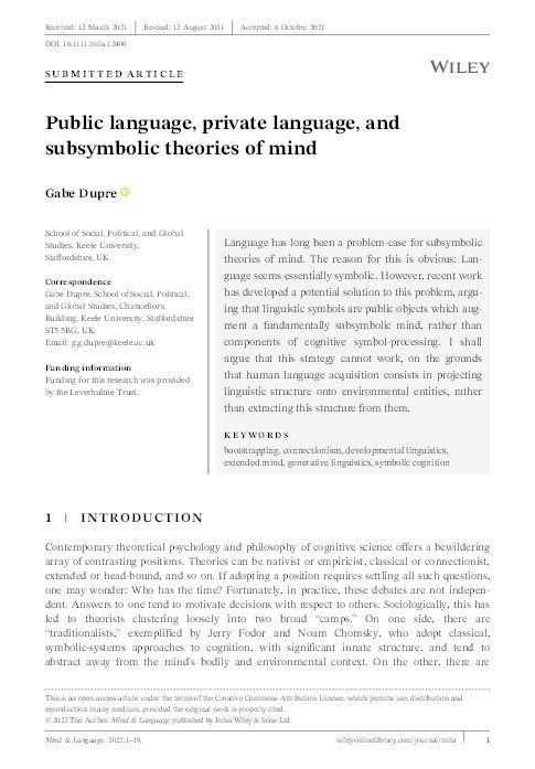 Public language, private language, and subsymbolic theories of mind Thumbnail