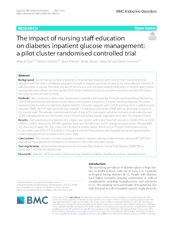 The impact of nursing staff education on diabetes inpatient glucose management: a pilot cluster randomised controlled trial Thumbnail