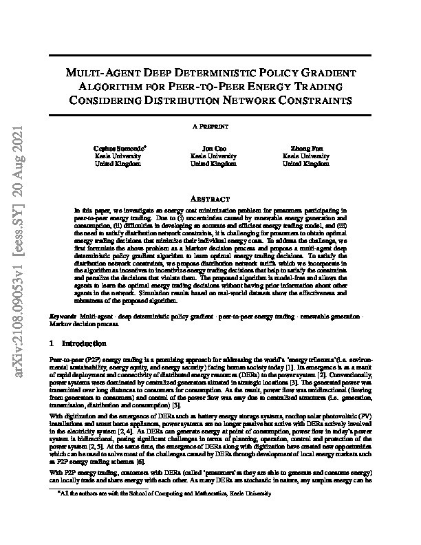 Multi-Agent Deep Deterministic Policy Gradient Algorithm for Peer-to-Peer Energy Trading Considering Distribution Network Constraints Thumbnail