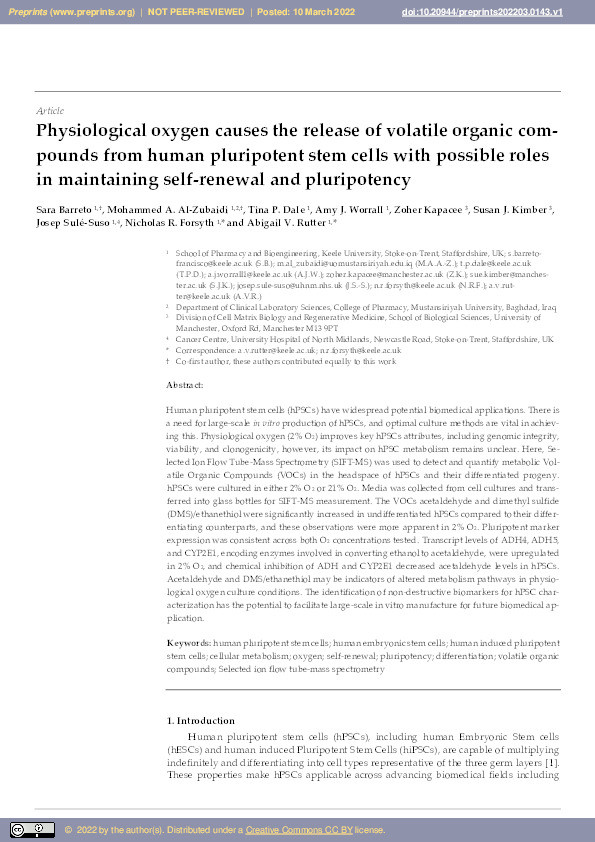 Physiological Oxygen Causes the Release of Volatile Organic Compounds from Human Pluripotent Stem Cells with Possible Roles in Maintaining Self-Renewal and Pluripotency Thumbnail