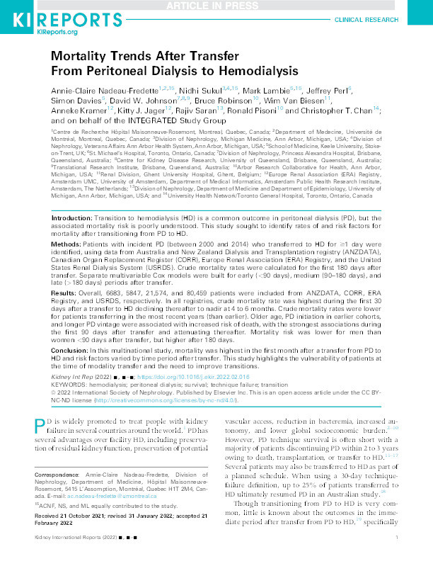 Mortality Trends After Transfer From Peritoneal Dialysis to Hemodialysis Thumbnail