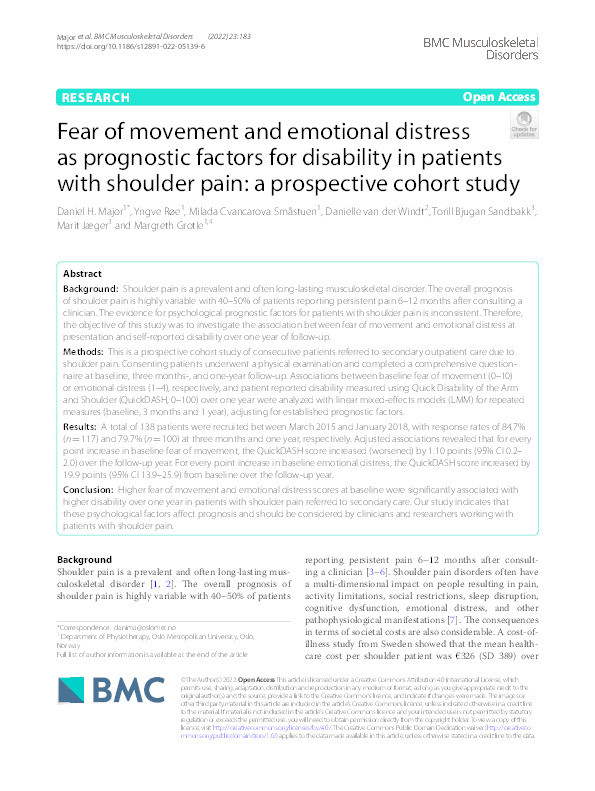 Fear of movement and emotional distress as prognostic factors for disability in patients with shoulder pain: a prospective cohort study Thumbnail