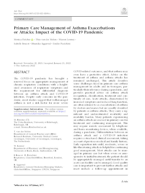 Primary Care Management of Asthma Exacerbations or Attacks: Impact of the COVID-19 Pandemic Thumbnail