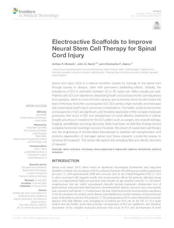 Electroactive Scaffolds to Improve Neural Stem Cell Therapy for Spinal Cord Injury Thumbnail