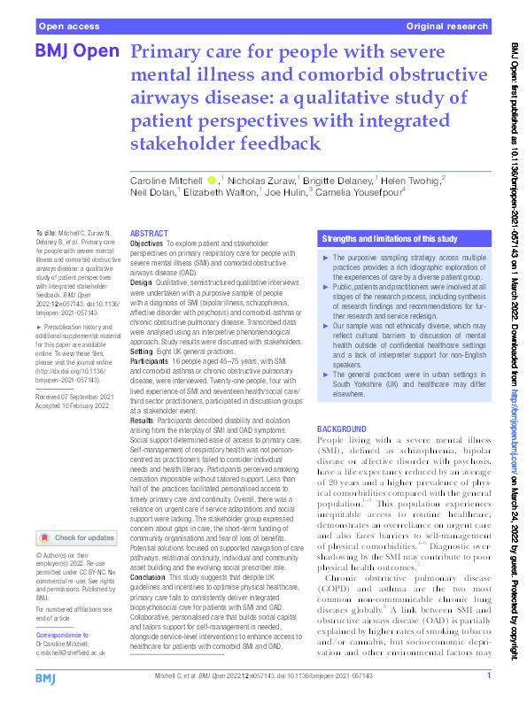 Primary care for people with severe mental illness and comorbid obstructive airways disease: a qualitative study of patient perspectives with integrated stakeholder feedback Thumbnail