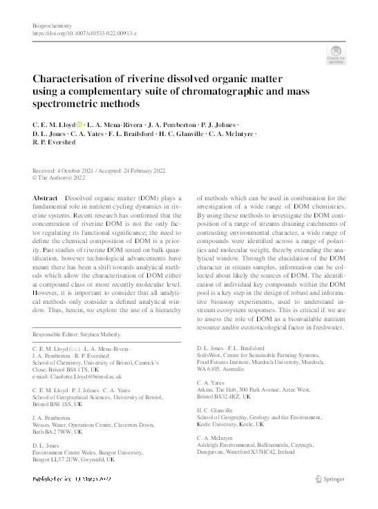 Characterisation of riverine dissolved organic matter using a complementary suite of chromatographic and mass spectrometric methods Thumbnail