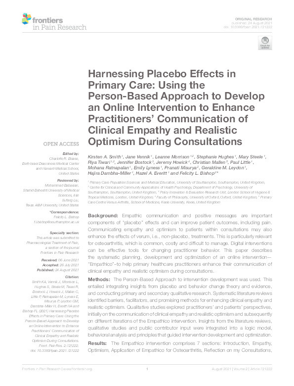 Harnessing Placebo Effects in Primary Care: Using the Person-Based Approach to Develop an Online Intervention to Enhance Practitioners' Communication of Clinical Empathy and Realistic Optimism During Consultations. Thumbnail
