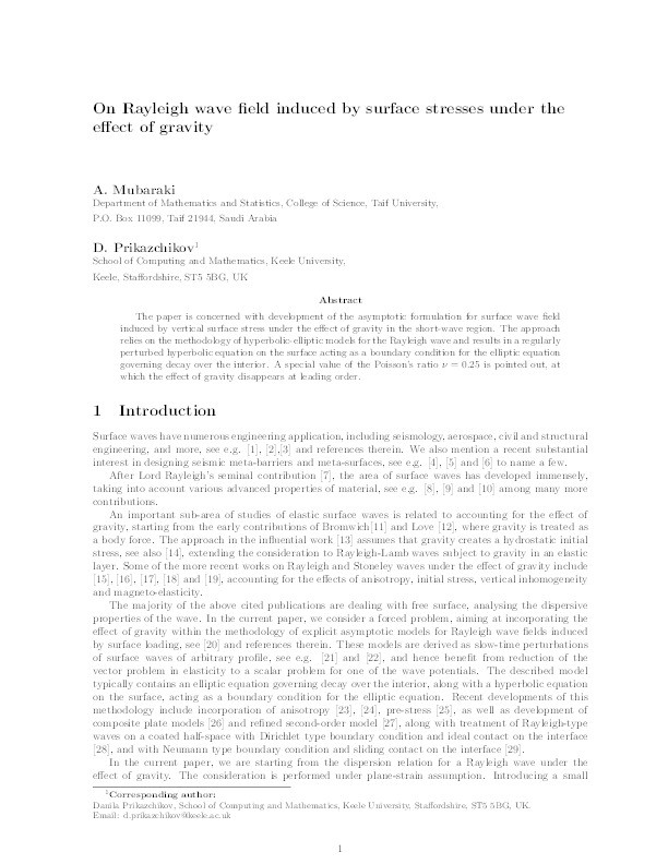 On Rayleigh wave field induced by surface stresses under the effect of gravity Thumbnail