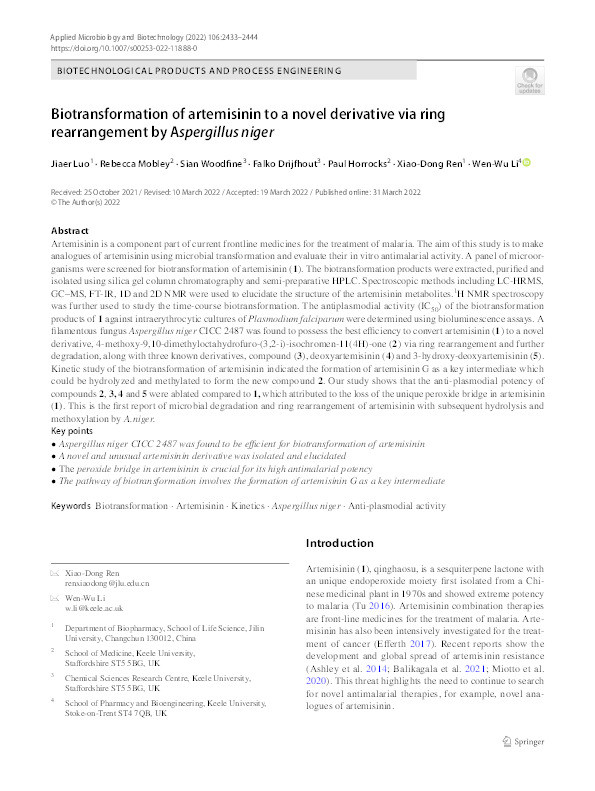 Biotransformation of artemisinin to a novel derivative via ring rearrangement by Aspergillus niger. Thumbnail