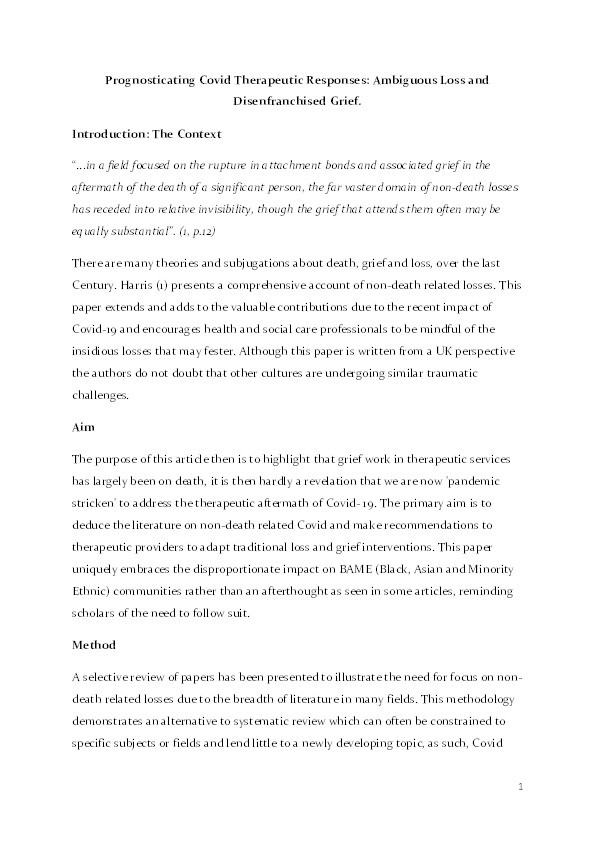 Prognosticating Covid Therapeutic Responses: Ambiguous Loss and Disenfranchised Grief. Thumbnail