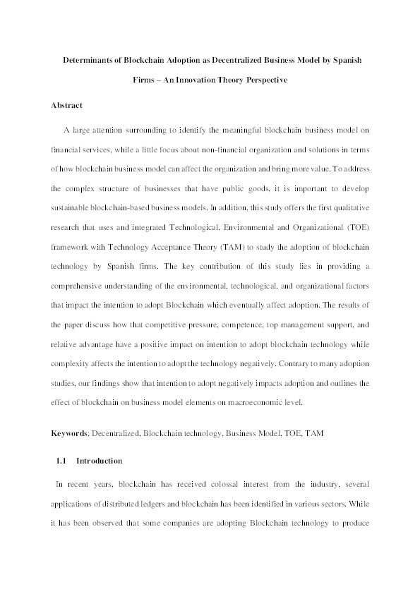 Determinants of Blockchain Adoption as Decentralized Business Model by Spanish Firms - An Innovation Theory Perspective Thumbnail