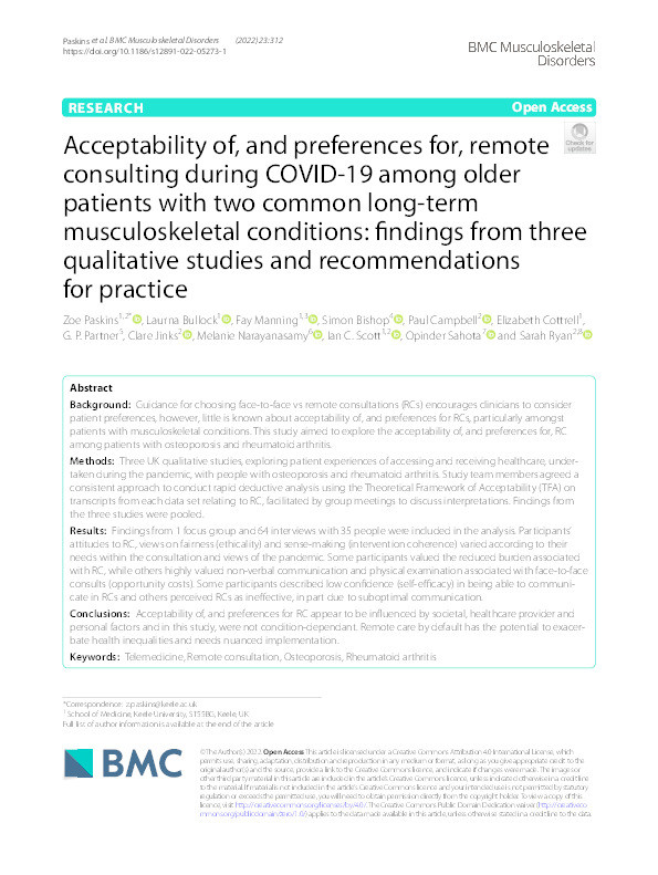 Acceptability of, and preferences for, remote consulting during COVID-19 among older patients with two common long-term musculoskeletal conditions: findings from three qualitative studies and recommendations for practice Thumbnail