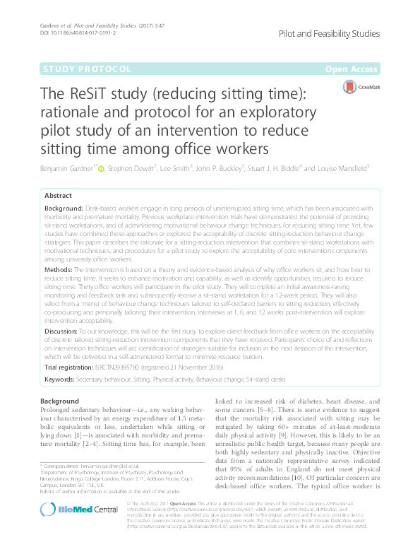 The ReSiT study (reducing sitting time): rationale and protocol for an exploratory pilot study of an intervention to reduce sitting time among office workers. Thumbnail