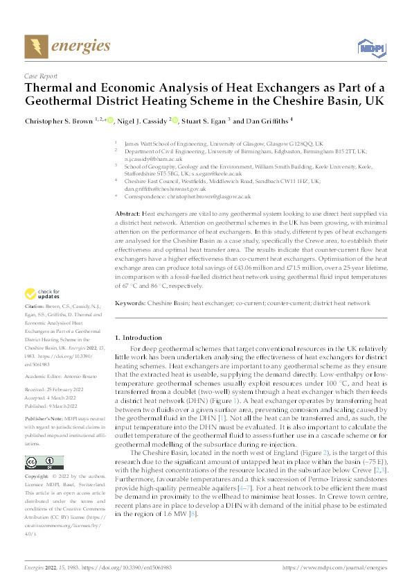 Thermal and Economic Analysis of Heat Exchangers as Part of a Geothermal District Heating Scheme in the Cheshire Basin, UK Thumbnail