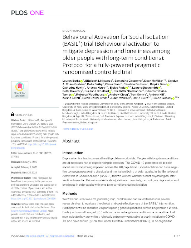 Behavioural Activation for Social IsoLation (BASIL+) trial (Behavioural activation to mitigate depression and loneliness among older people with long-term conditions): Protocol for a fully-powered pragmatic randomised controlled trial. Thumbnail
