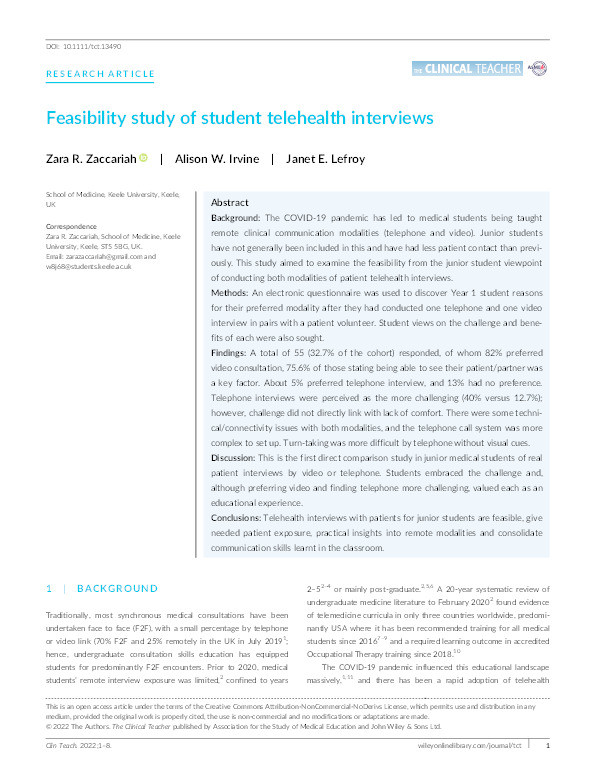 Feasibility study of student telehealth interviews Thumbnail