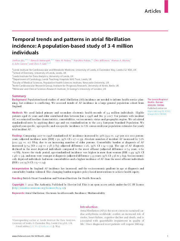 Temporal trends and patterns in atrial fibrillation incidence: a population-based study of 3·4 million individuals Thumbnail