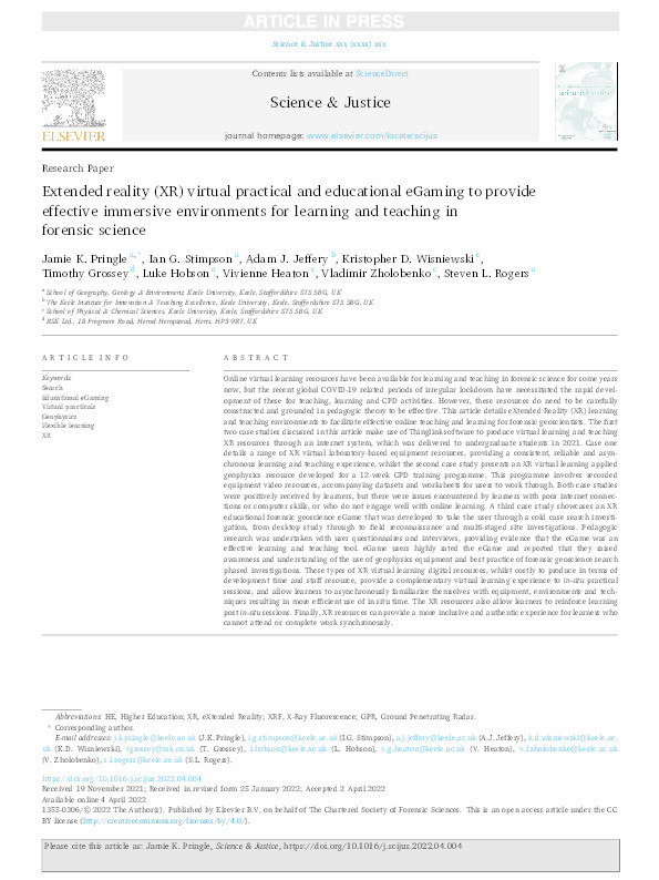 Extended reality (XR) virtual practical and educational eGaming to provide effective immersive environments for learning and teaching in forensic science Thumbnail