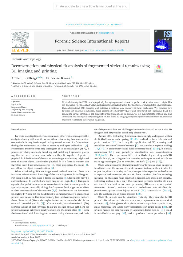 Reconstruction and physical fit analysis of fragmented skeletal remains using 3D imaging and printing Thumbnail