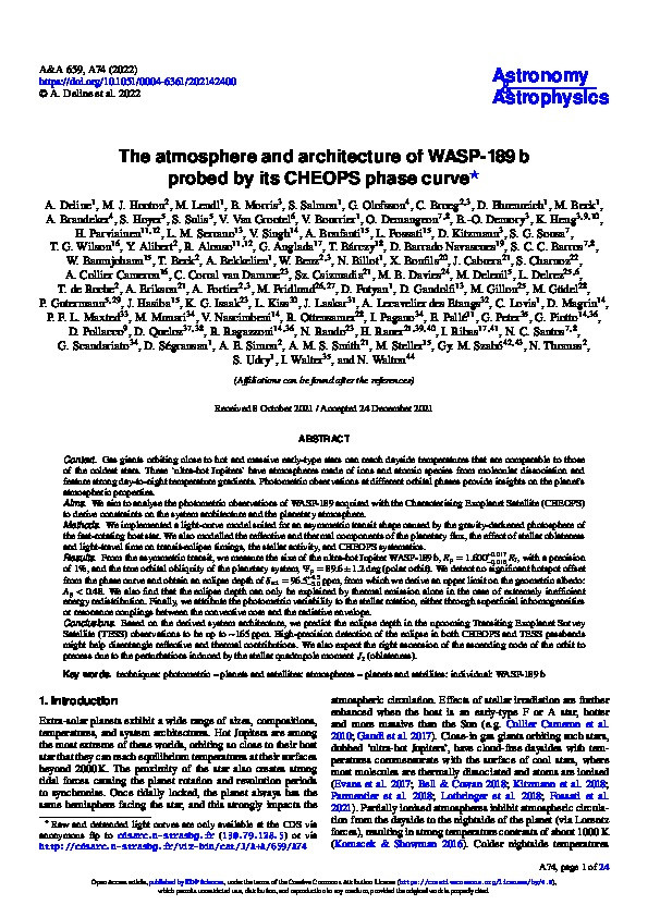The atmosphere and architecture of WASP-189 b probed by its CHEOPS phase curve Thumbnail