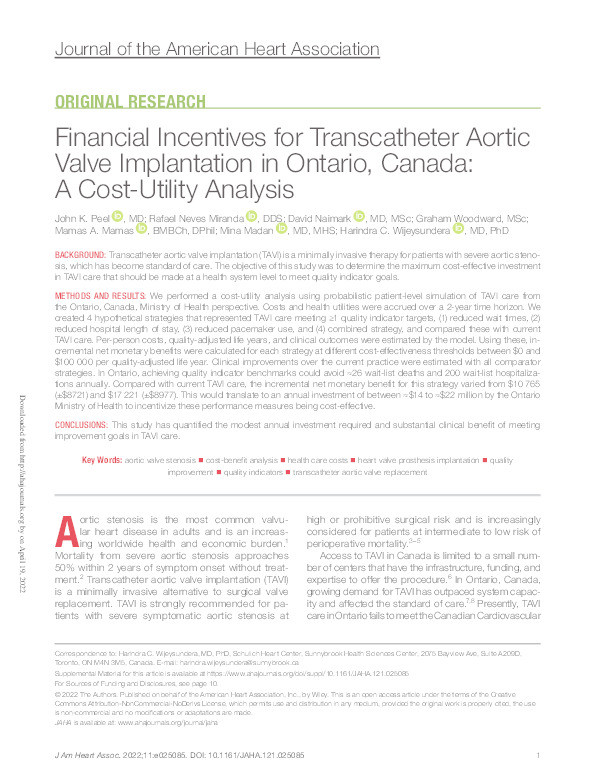 Financial Incentives for Transcatheter Aortic Valve Implantation in Ontario, Canada: A Cost-Utility Analysis Thumbnail
