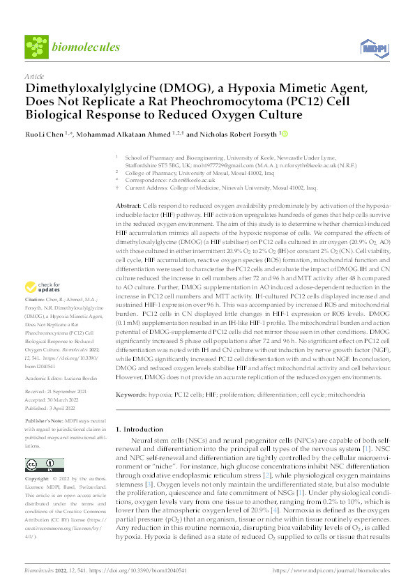 Dimethyloxalylglycine (DMOG), a Hypoxia Mimetic Agent, Does Not Replicate a Rat Pheochromocytoma (PC12) Cell Biological Response to Reduced Oxygen Culture Thumbnail