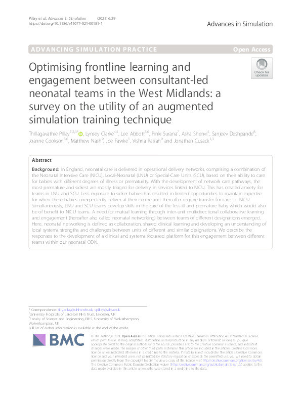 Optimising frontline learning and engagement between consultant-led neonatal teams in the West Midlands: a survey on the utility of an augmented simulation training technique. Thumbnail