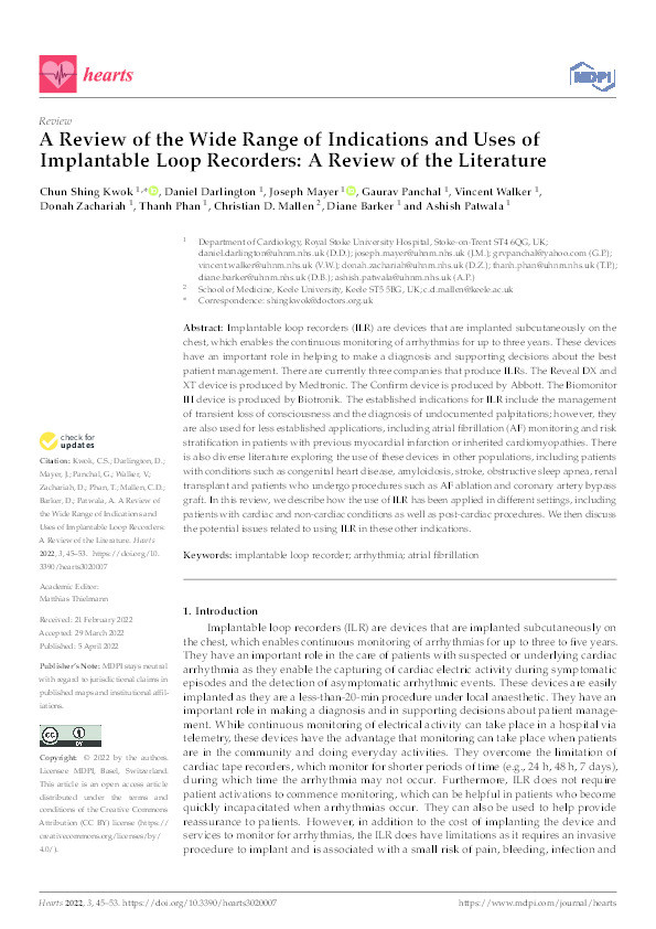 A Review of the Wide Range of Indications and Uses of Implantable Loop Recorders: A Review of the Literature Thumbnail