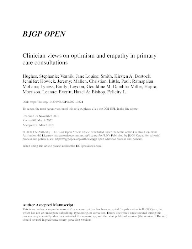Clinician views on optimism and empathy in primary care consultations: a qualitative interview study Thumbnail