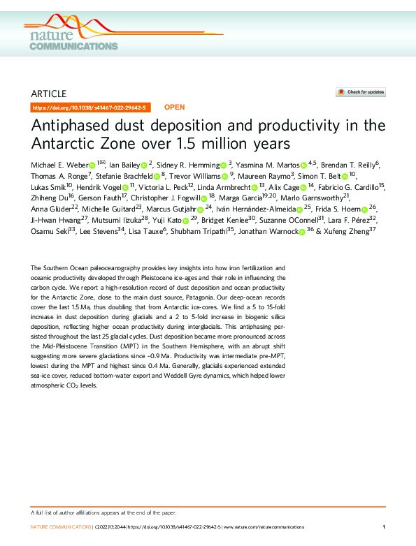 Antiphased dust deposition and productivity in the Antarctic Zone over 1.5 million years. Thumbnail
